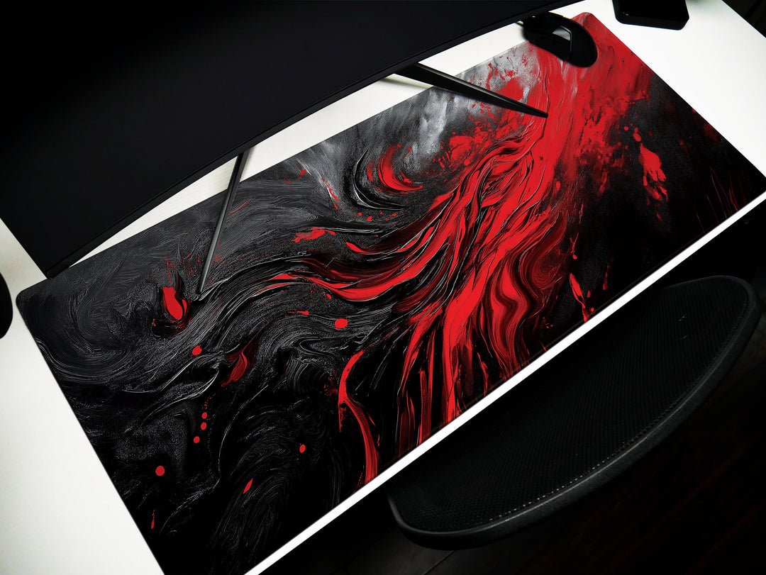 Crimson Vortex, Desk Pad, Mouse Pad, Desk Mat, Abstract Red Swirl, Dynamic Energy, Artistic Office Accessory